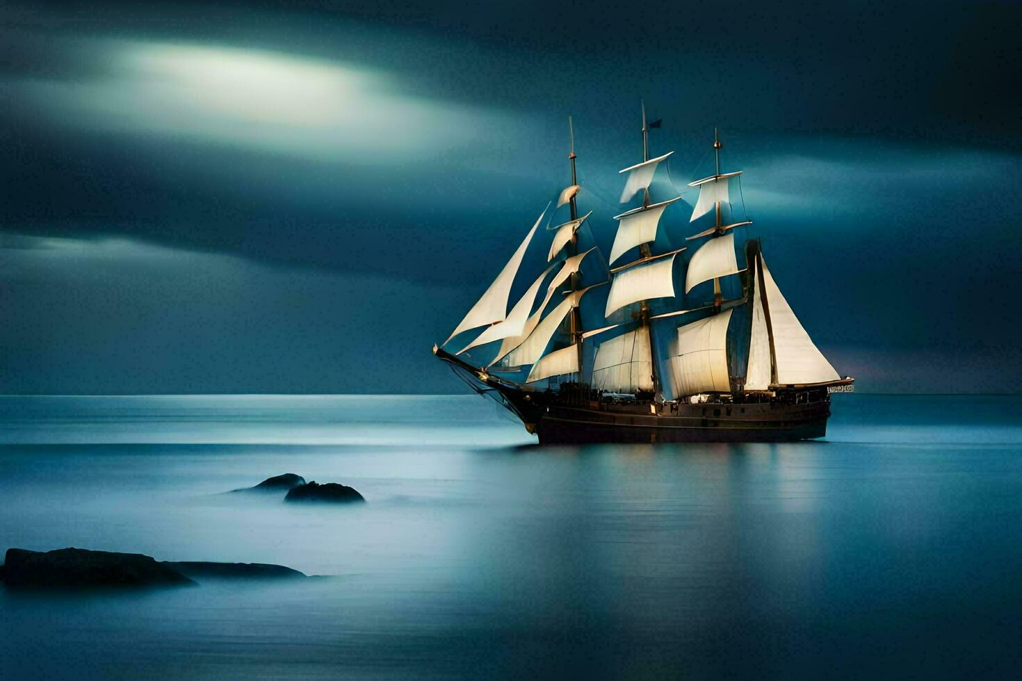 uma Navegando navio dentro a oceano debaixo uma tormentoso céu. gerado por IA foto