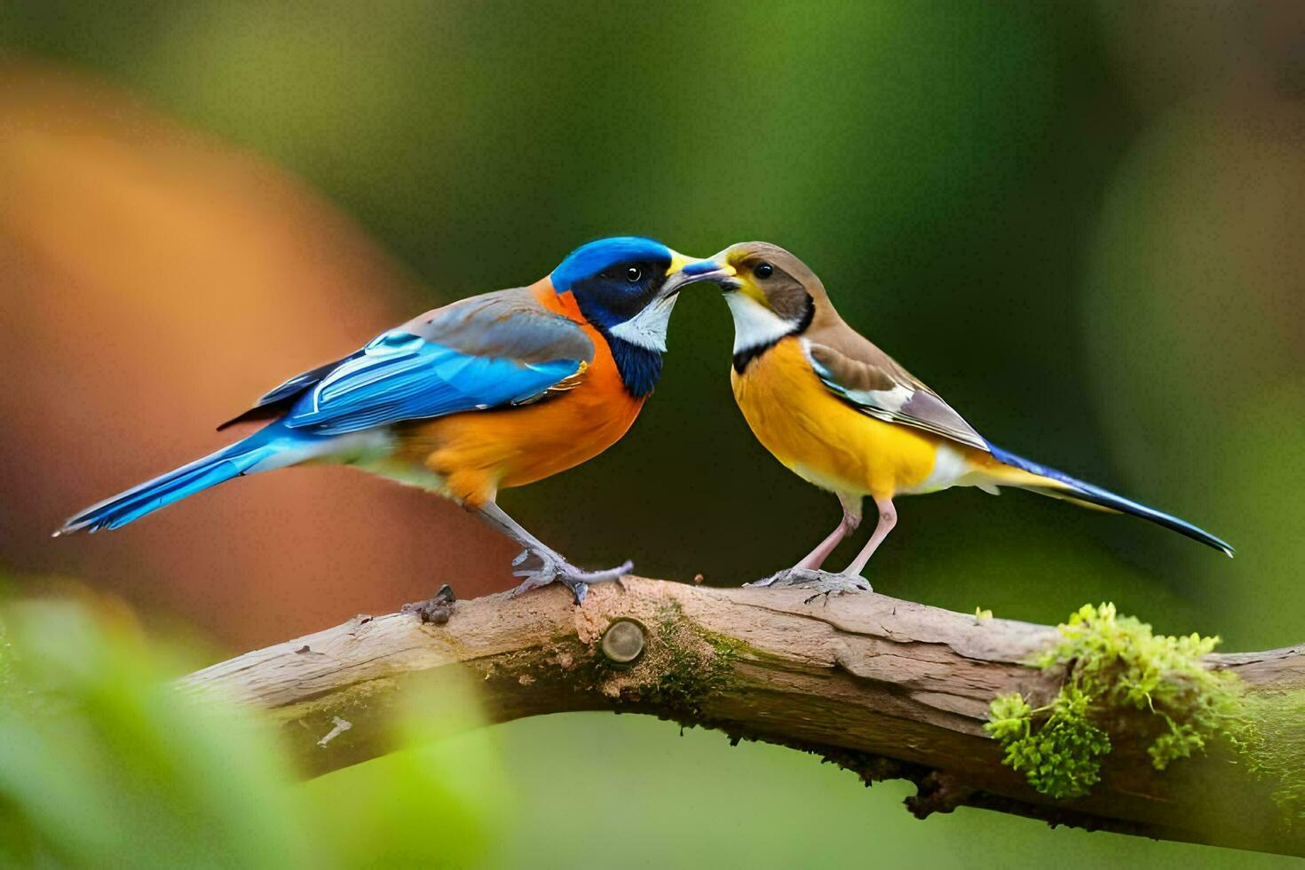 dois colorida pássaros em uma ramo. gerado por IA foto