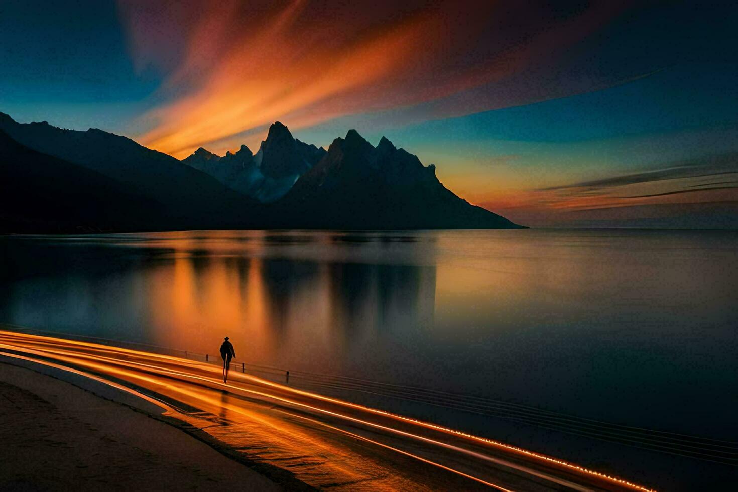 uma homem anda em ao longo a de praia às pôr do sol com montanhas dentro a fundo. gerado por IA foto