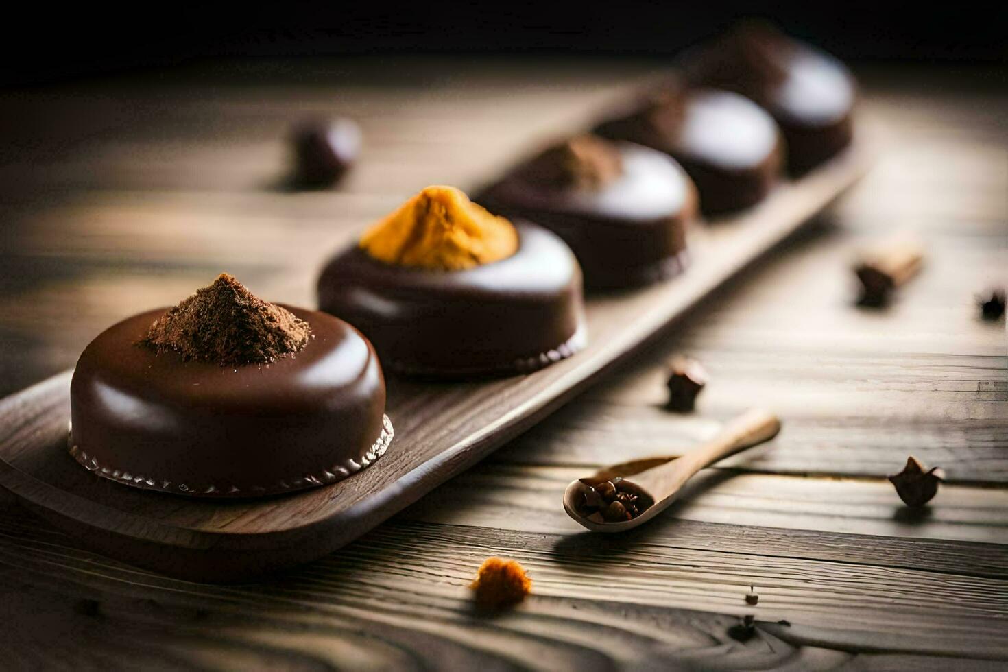 chocolate sobremesas em uma de madeira bandeja. gerado por IA foto