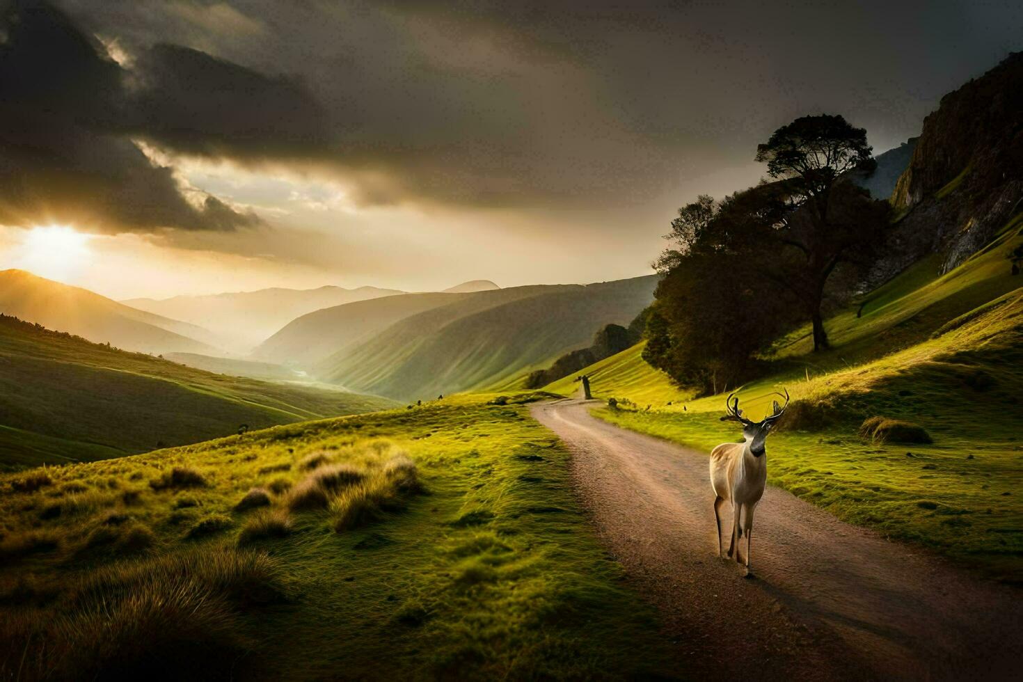 uma cavalo caminhando baixa uma sujeira estrada dentro a montanhas. gerado por IA foto