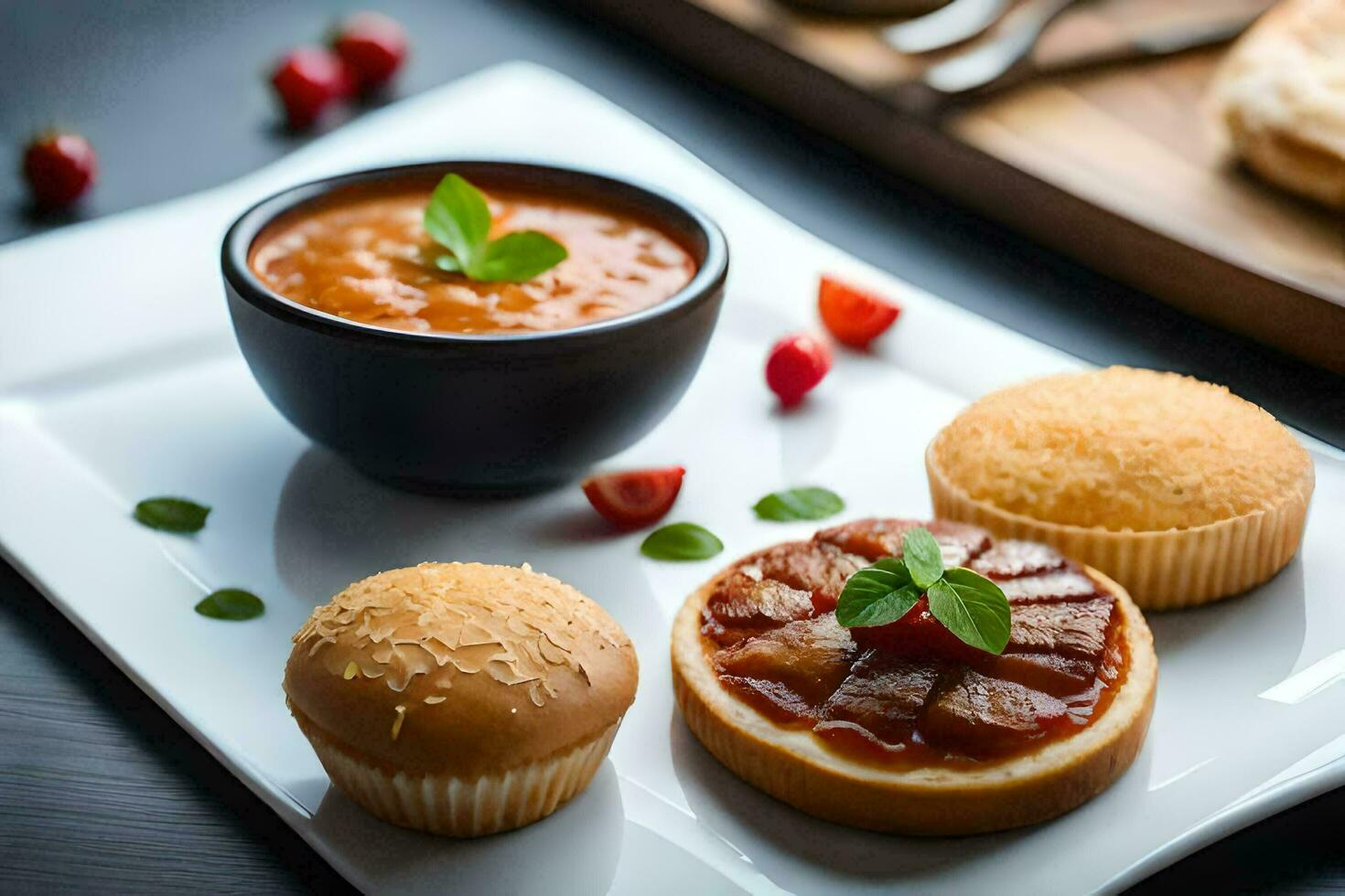 uma prato com uma copo do sopa e dois bolos. gerado por IA foto