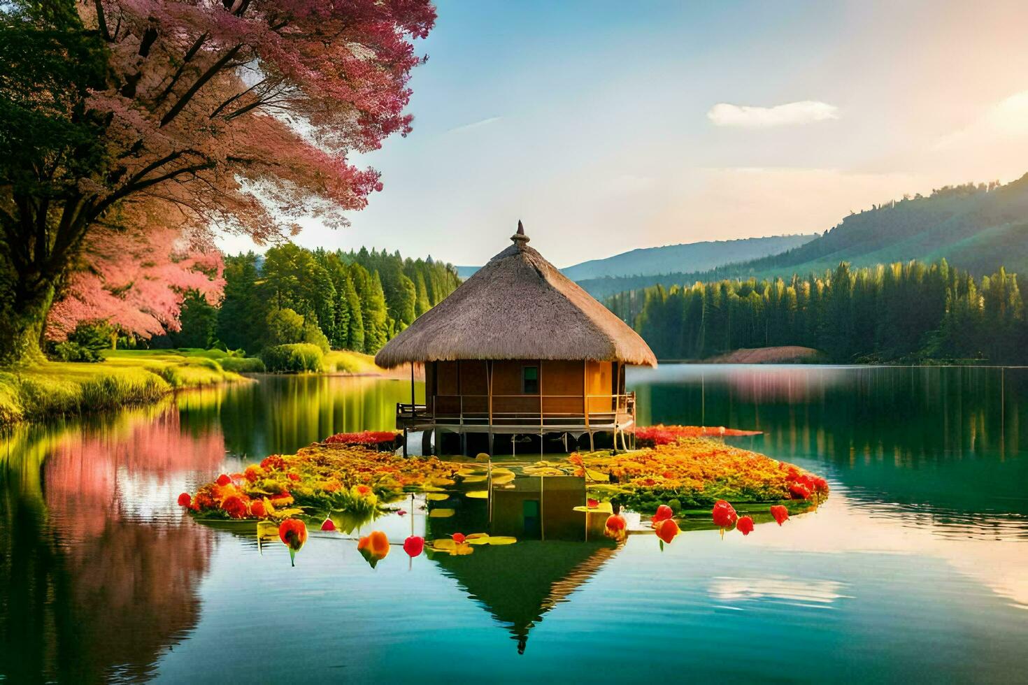 uma colmo cabana em a lago. gerado por IA foto
