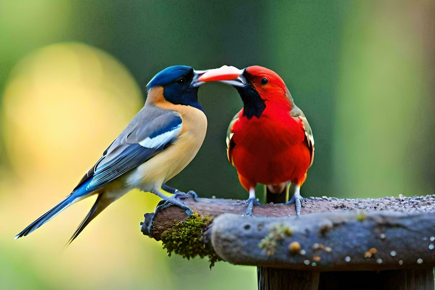 dois pássaros estão sentado em uma de madeira publicar. gerado por IA foto
