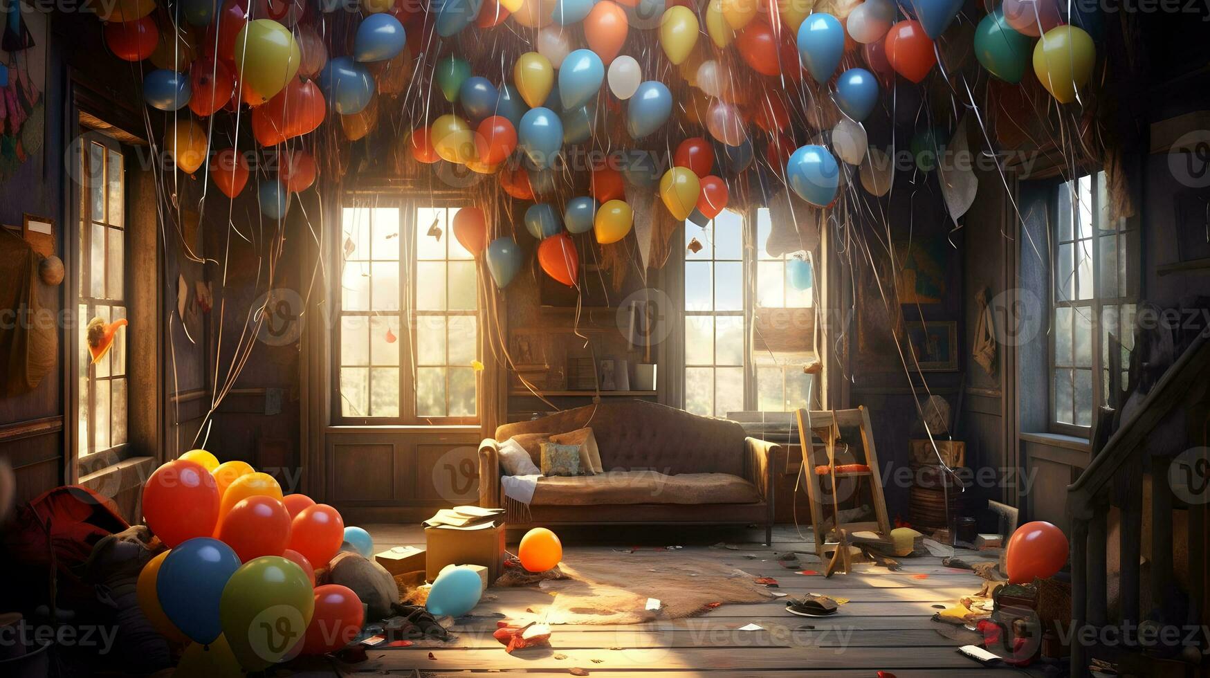3d ilustração do muitos balões dentro uma quarto ai gerado foto