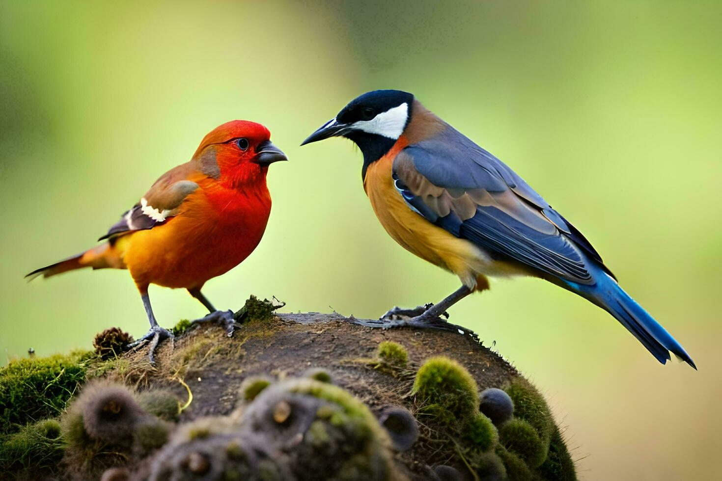 dois colorida pássaros em pé em uma musgoso ramo. gerado por IA foto