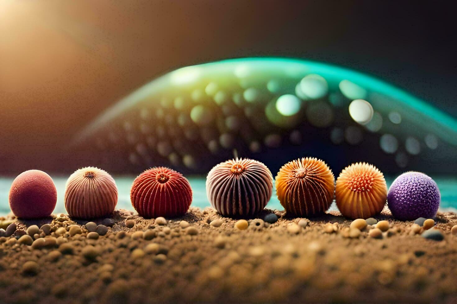 uma linha do colorida mar ouriços em a de praia. gerado por IA foto