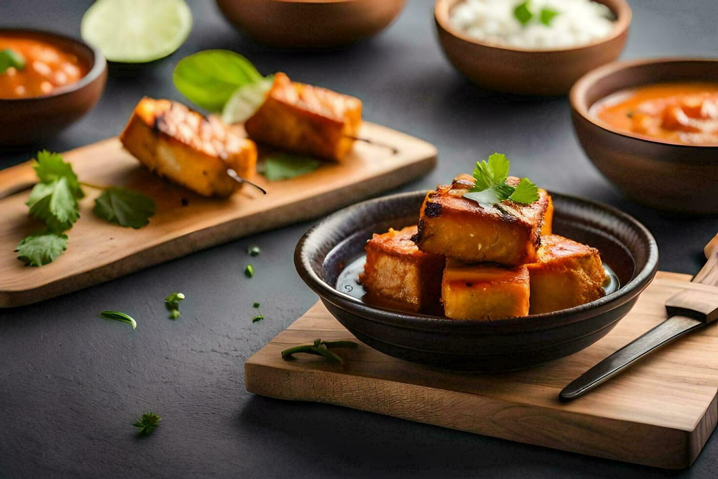 uma prato do tofu com molho e guarnição, enfeite, adorno. gerado por IA foto