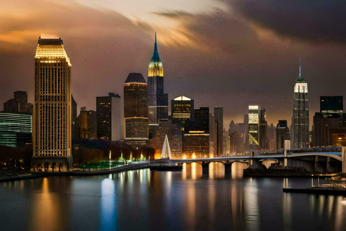 a cidade Horizonte às noite com uma ponte sobre água. gerado por IA foto