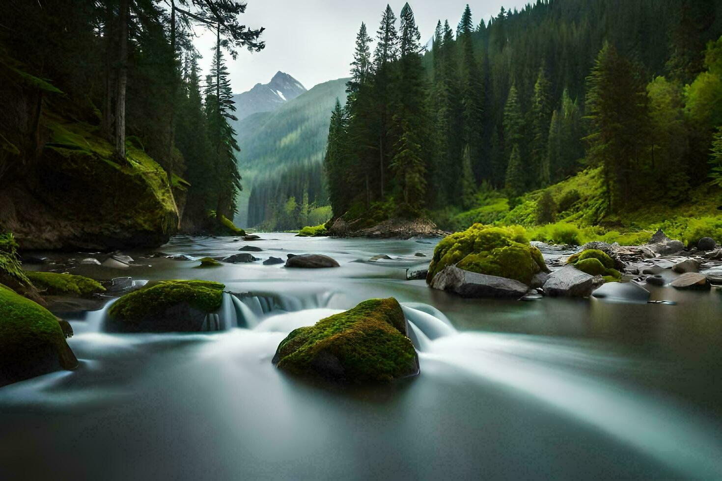 uma rio fluindo através uma floresta com pedras e árvores gerado por IA foto