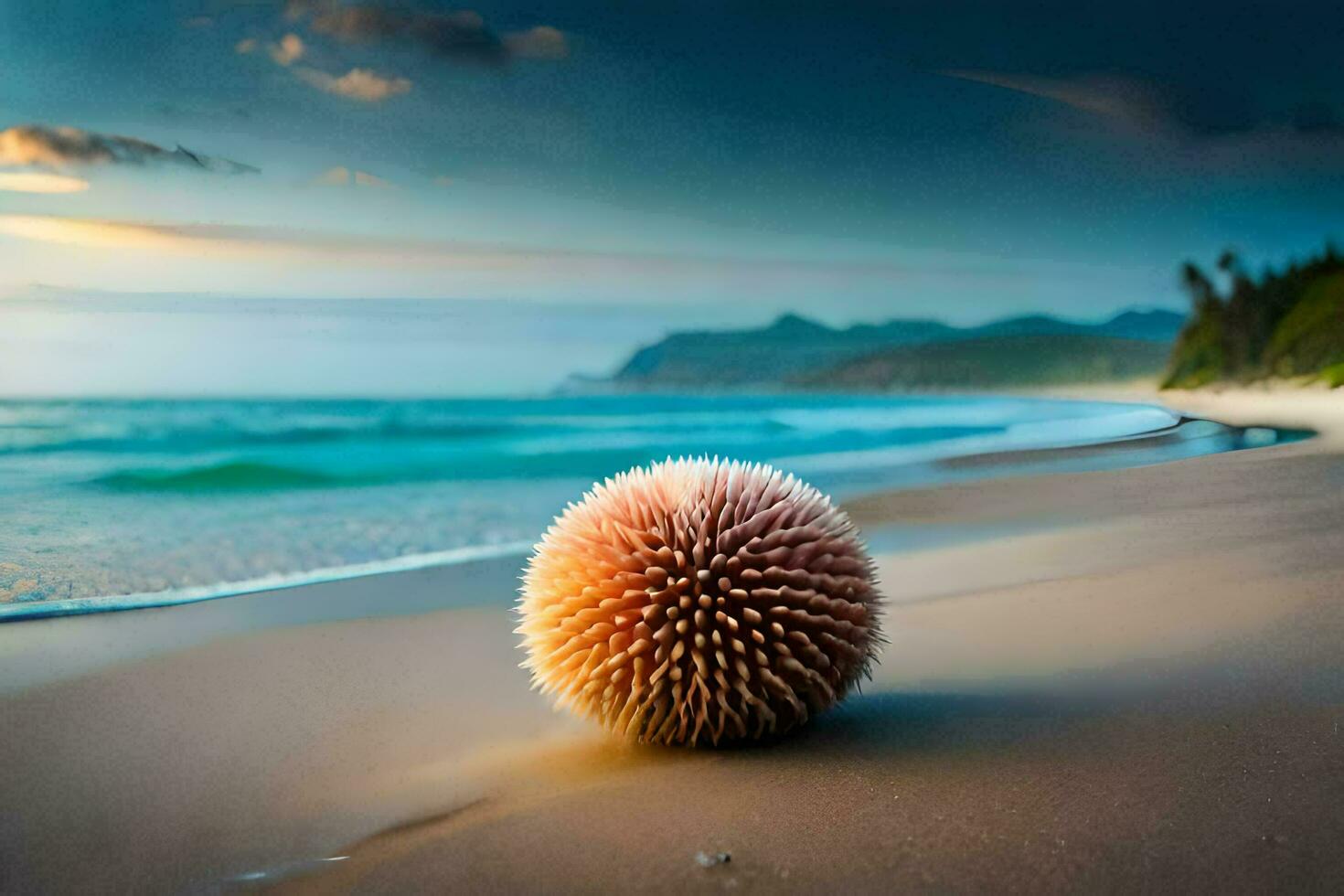 uma bola do espetado cabelo em a de praia. gerado por IA foto
