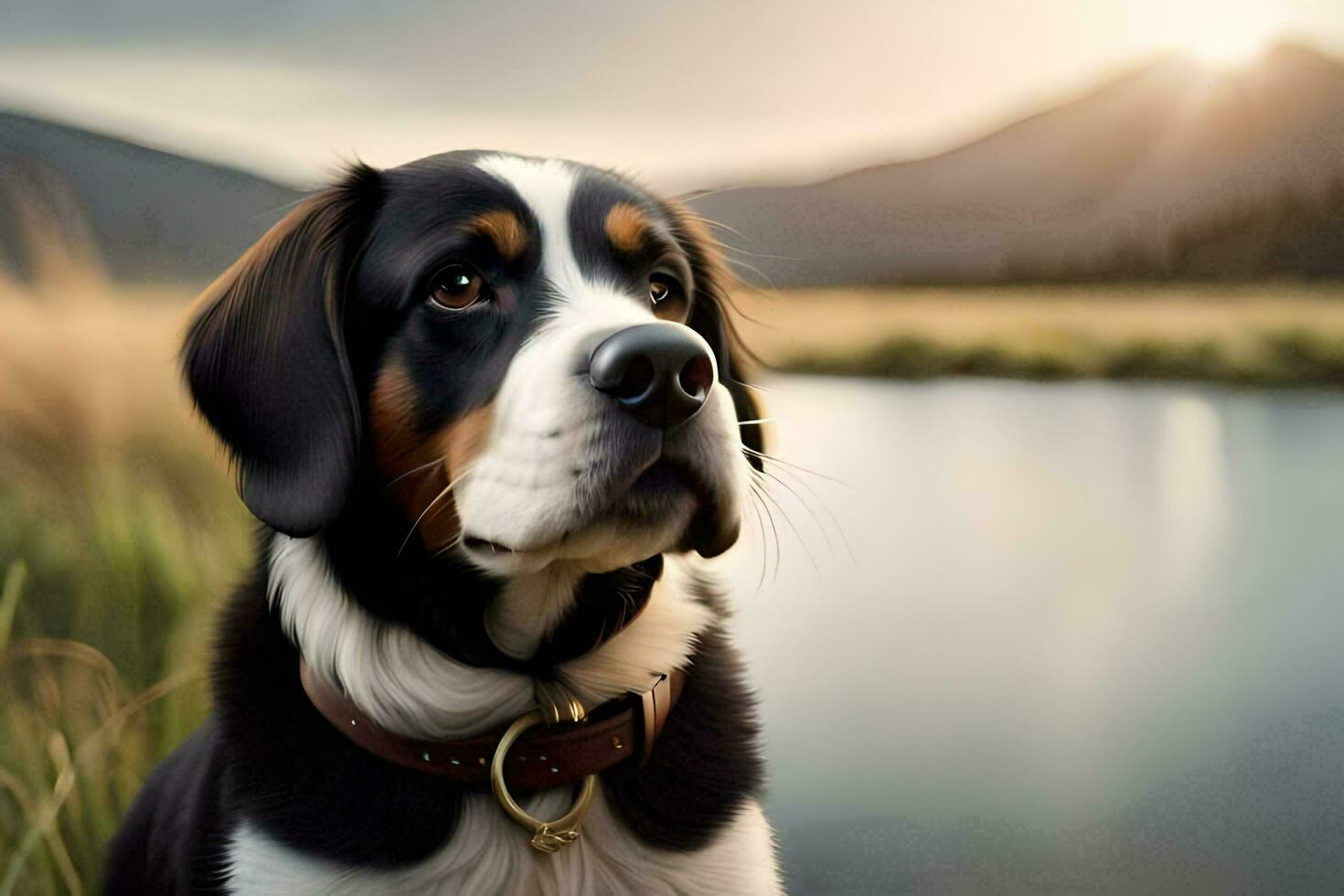 uma cachorro é sentado dentro frente do uma lago. gerado por IA foto