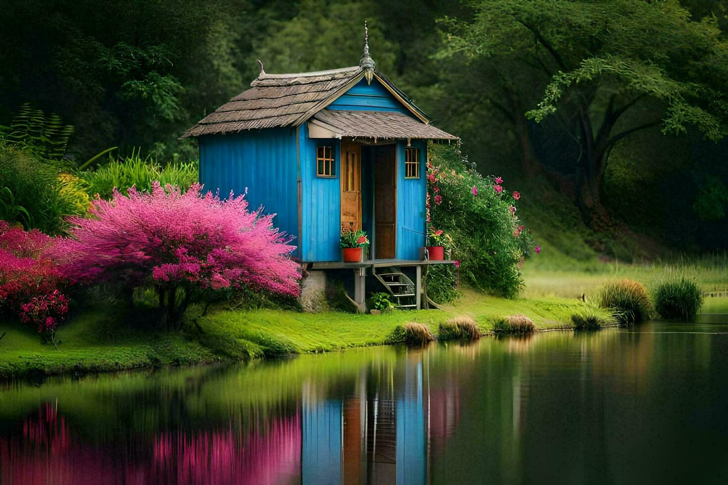 uma azul casa senta em a Beira do uma lago. gerado por IA foto