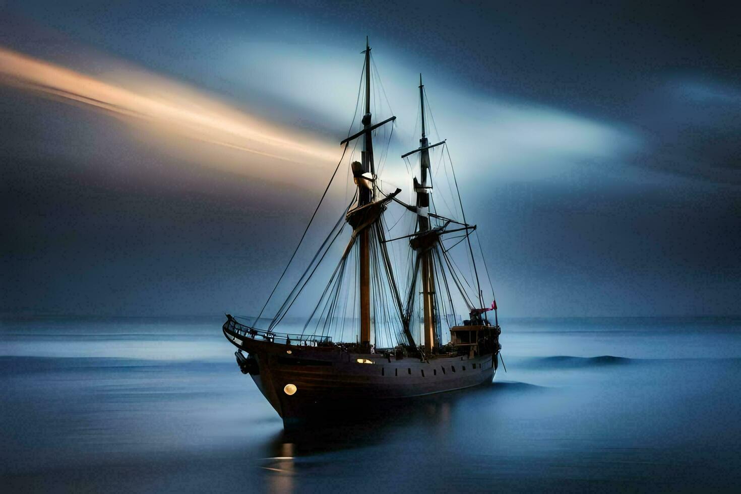 uma Navegando navio dentro a oceano às noite. gerado por IA foto