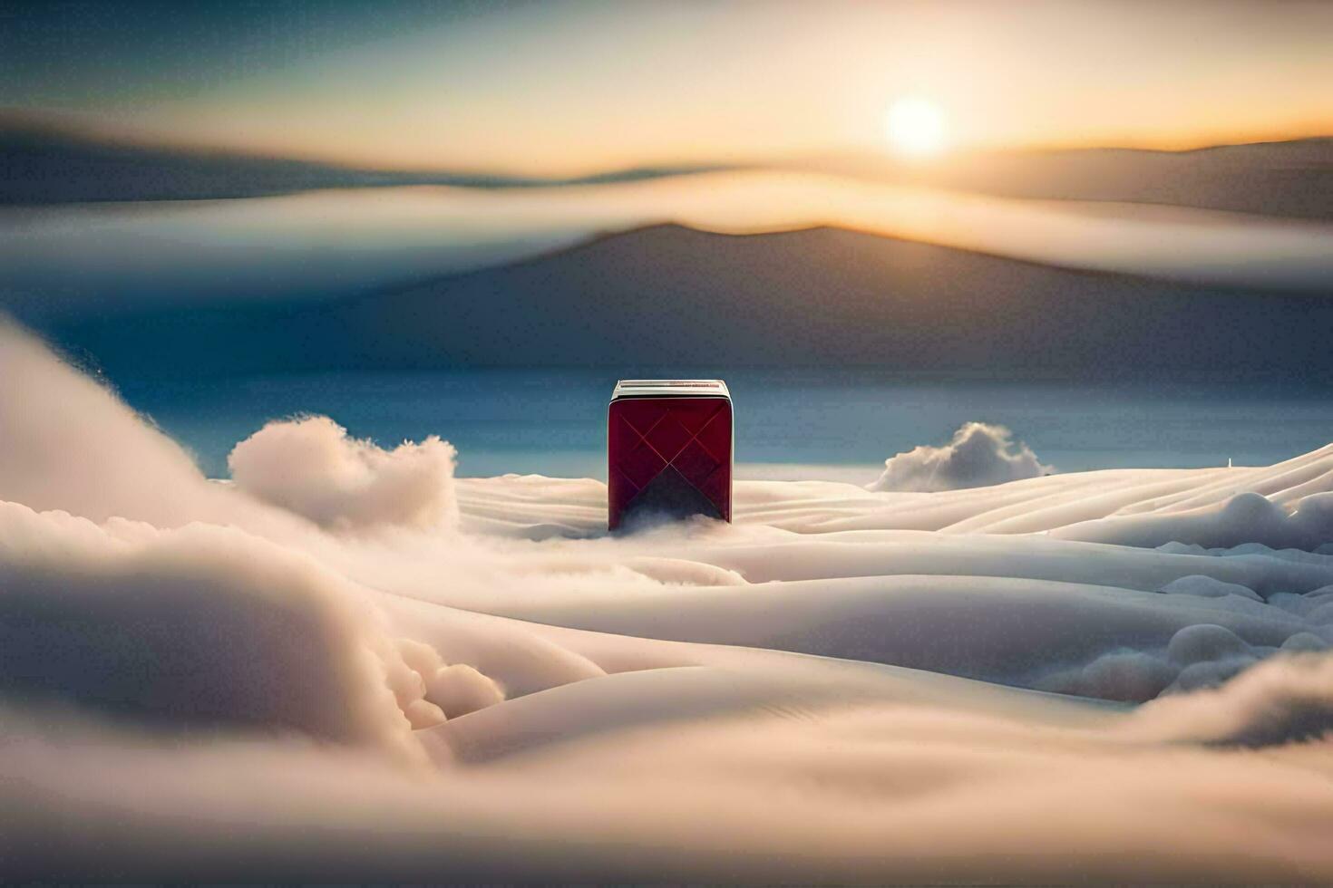 uma vermelho caixa senta dentro a meio do uma nuvem coberto campo. gerado por IA foto