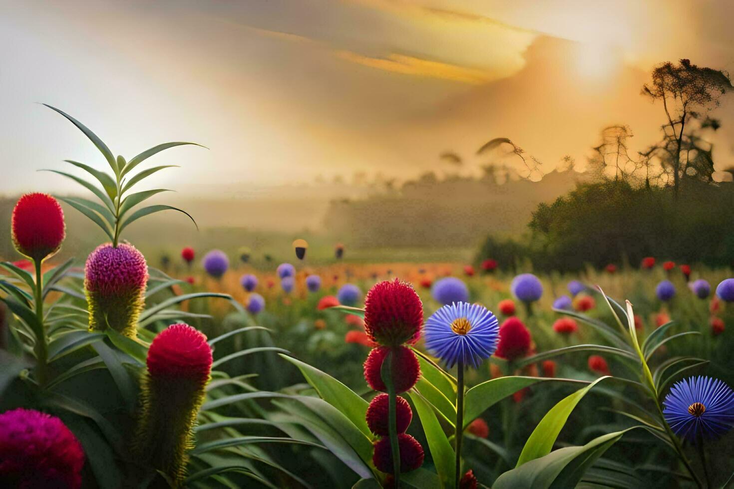 flores dentro a campo às nascer do sol. gerado por IA foto