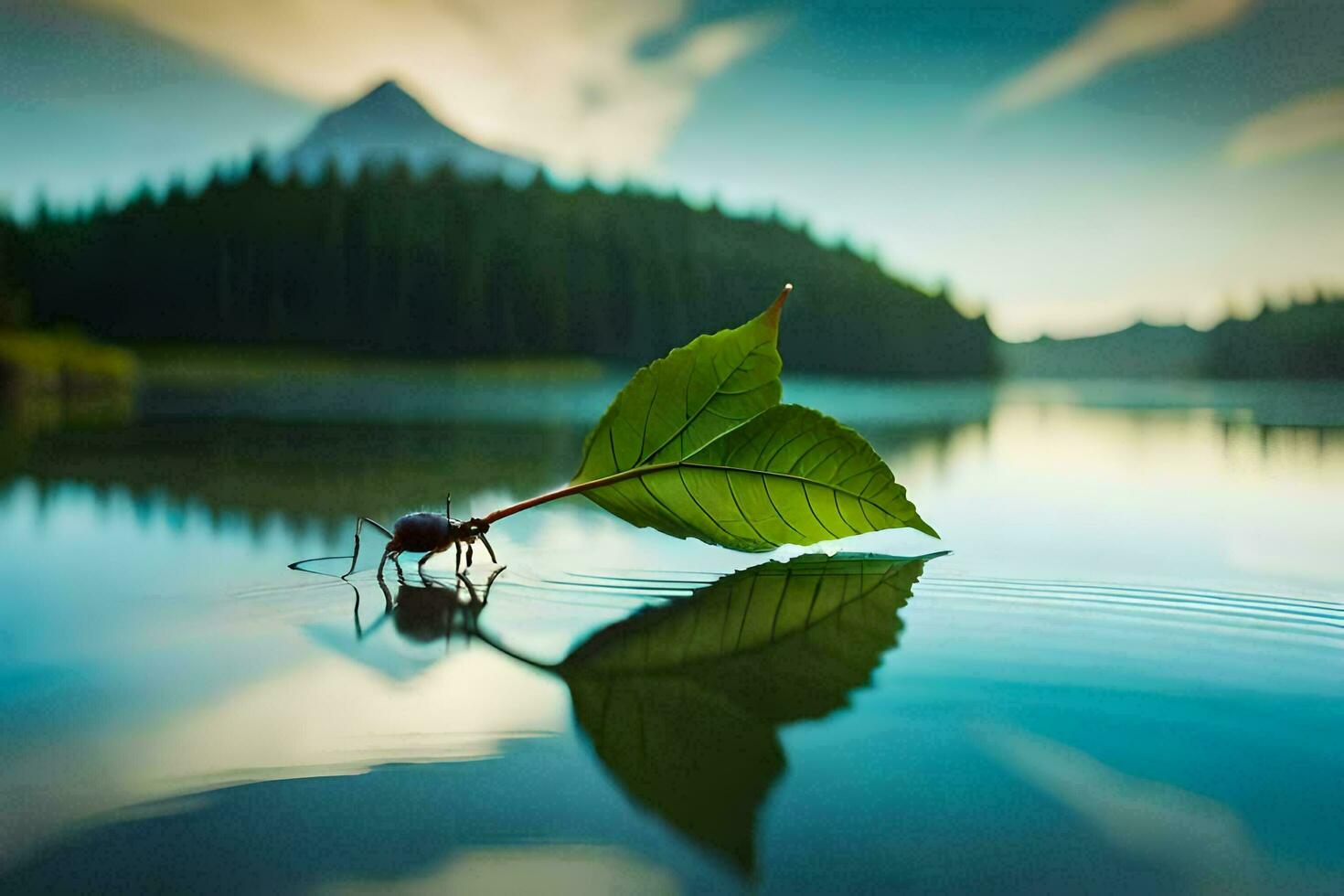 uma folha é sentado em a água com uma montanha dentro a fundo. gerado por IA foto