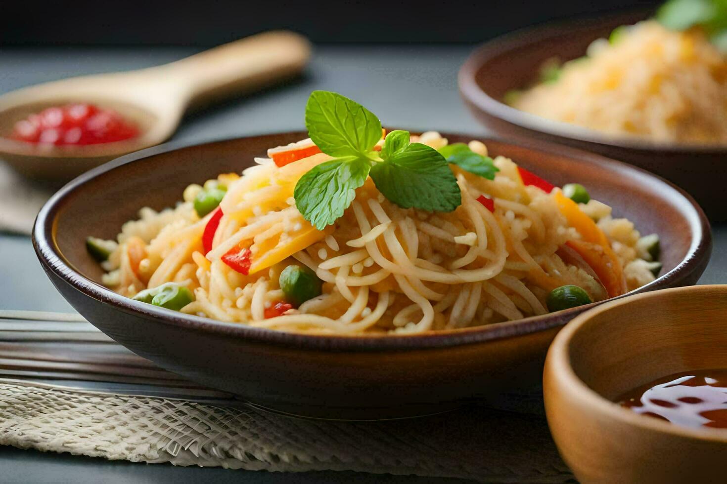 uma tigela do Macarrão com legumes e uma colher. gerado por IA foto