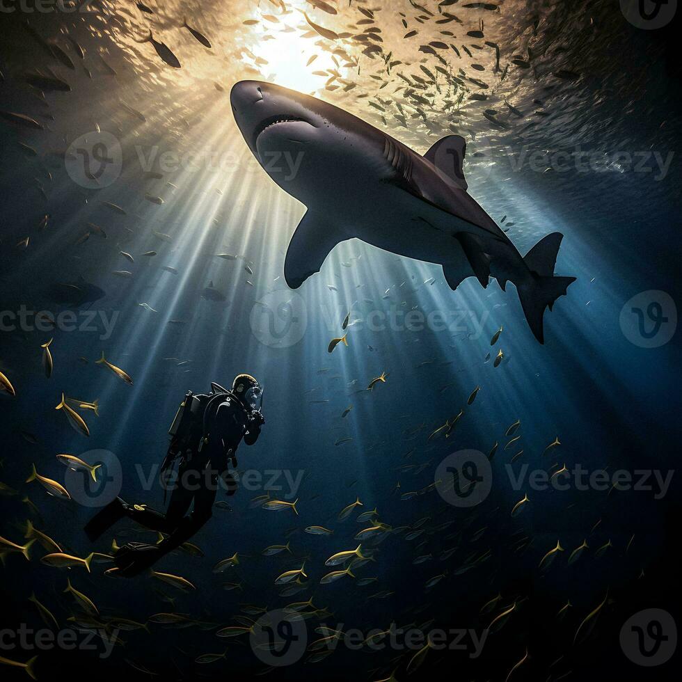 simbiótico encontro generativo ai une Tubarão e mergulhador foto