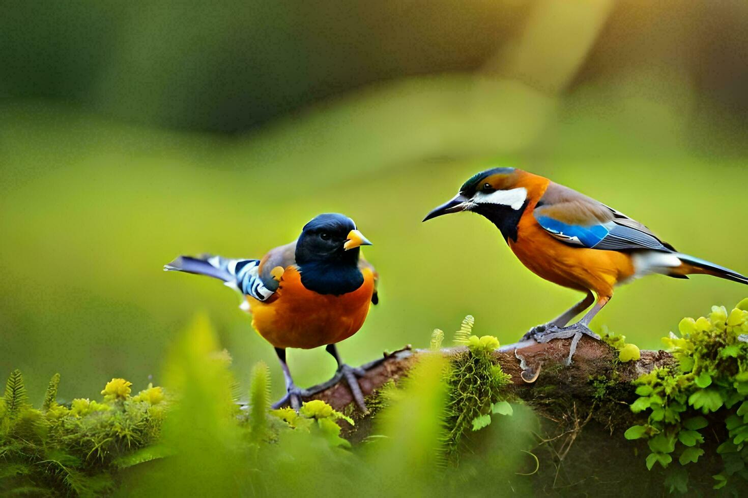 dois pássaros estão em pé em uma ramo dentro a grama. gerado por IA foto