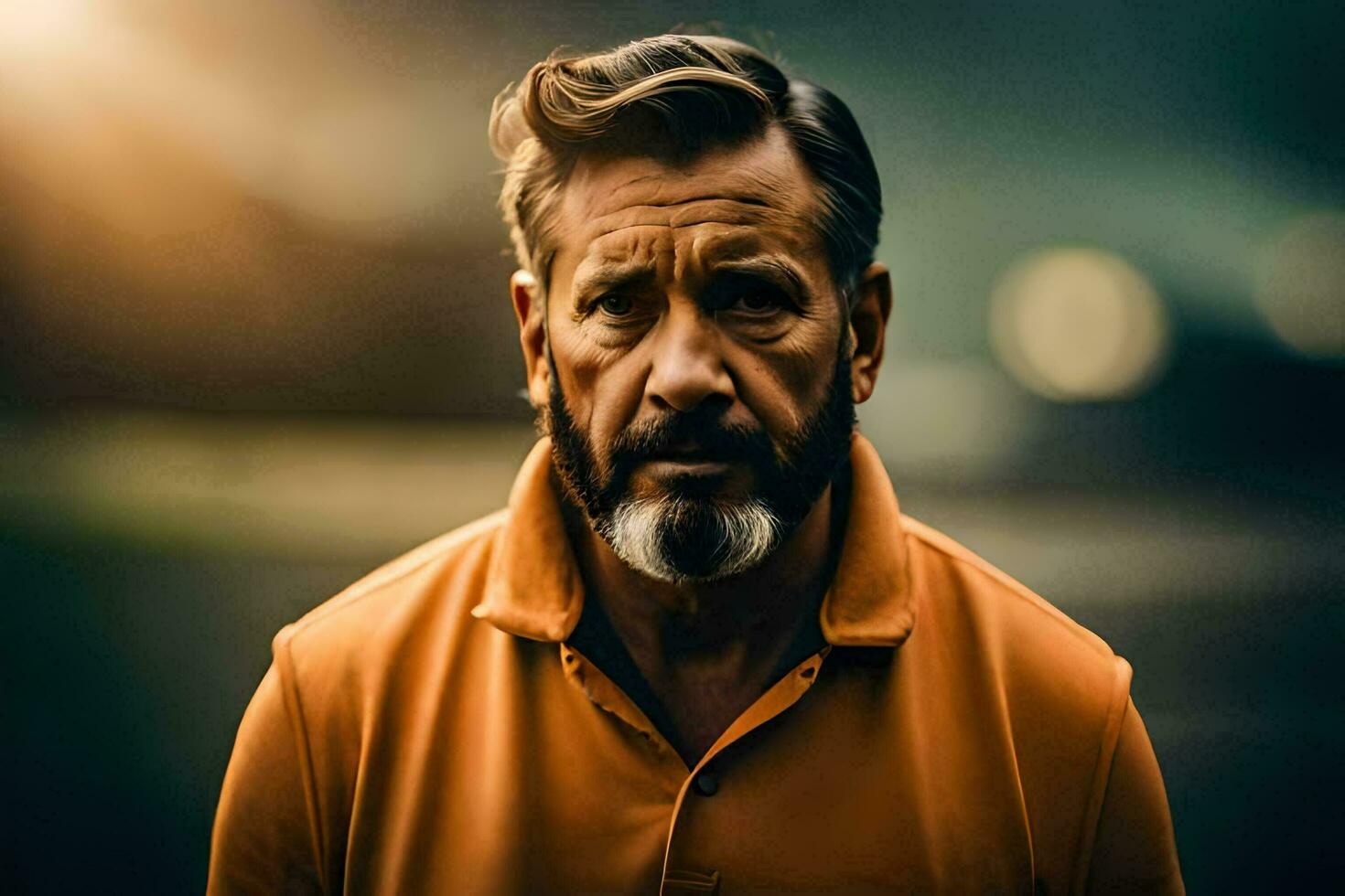 uma homem com uma barba e a laranja camisa. gerado por IA foto