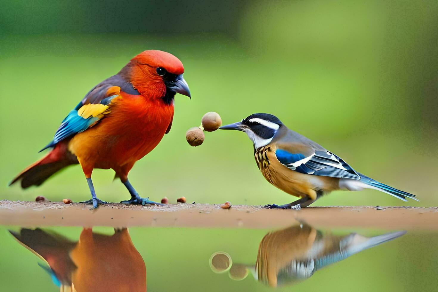 dois colorida pássaros em pé Próximo para cada outro. gerado por IA foto