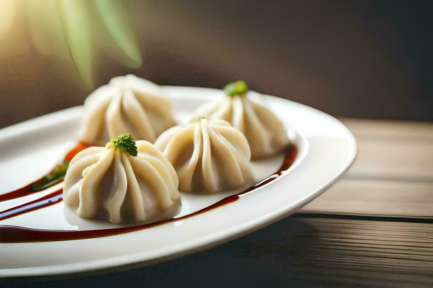 três dumplings em uma prato com molho. gerado por IA foto