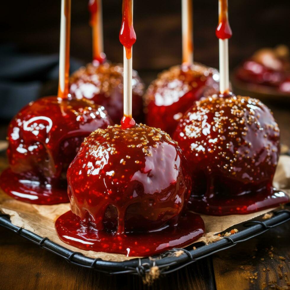 delicioso envidraçado vermelho caramelo doce maçãs em Gravetos foto