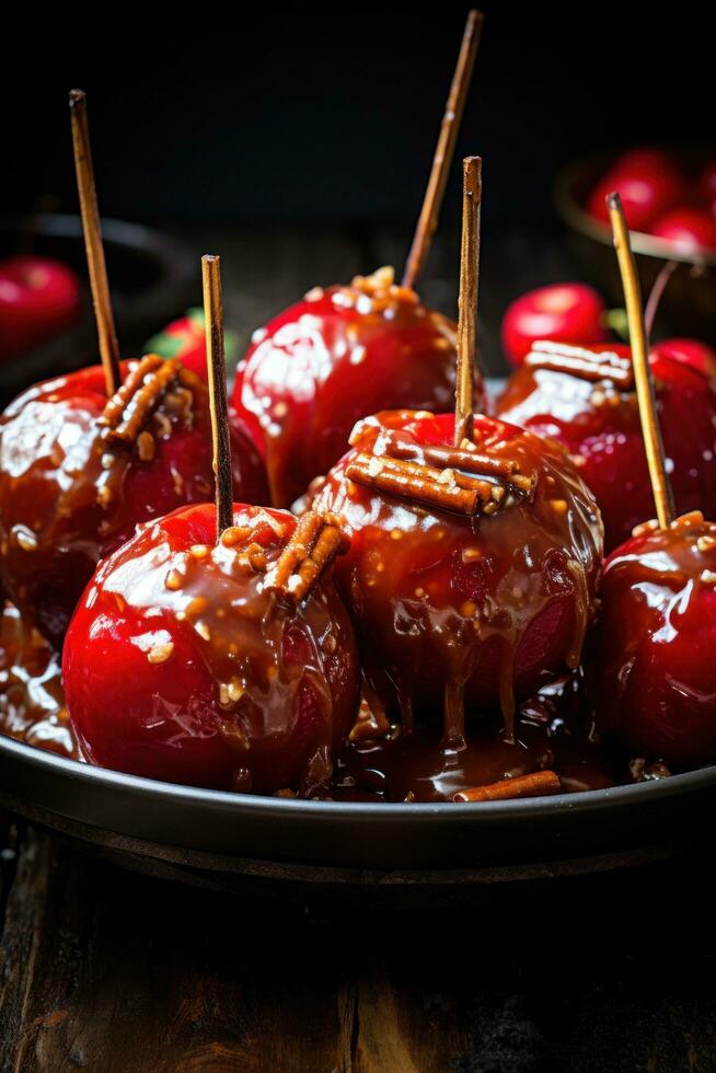 delicioso envidraçado vermelho caramelo doce maçãs em Gravetos foto