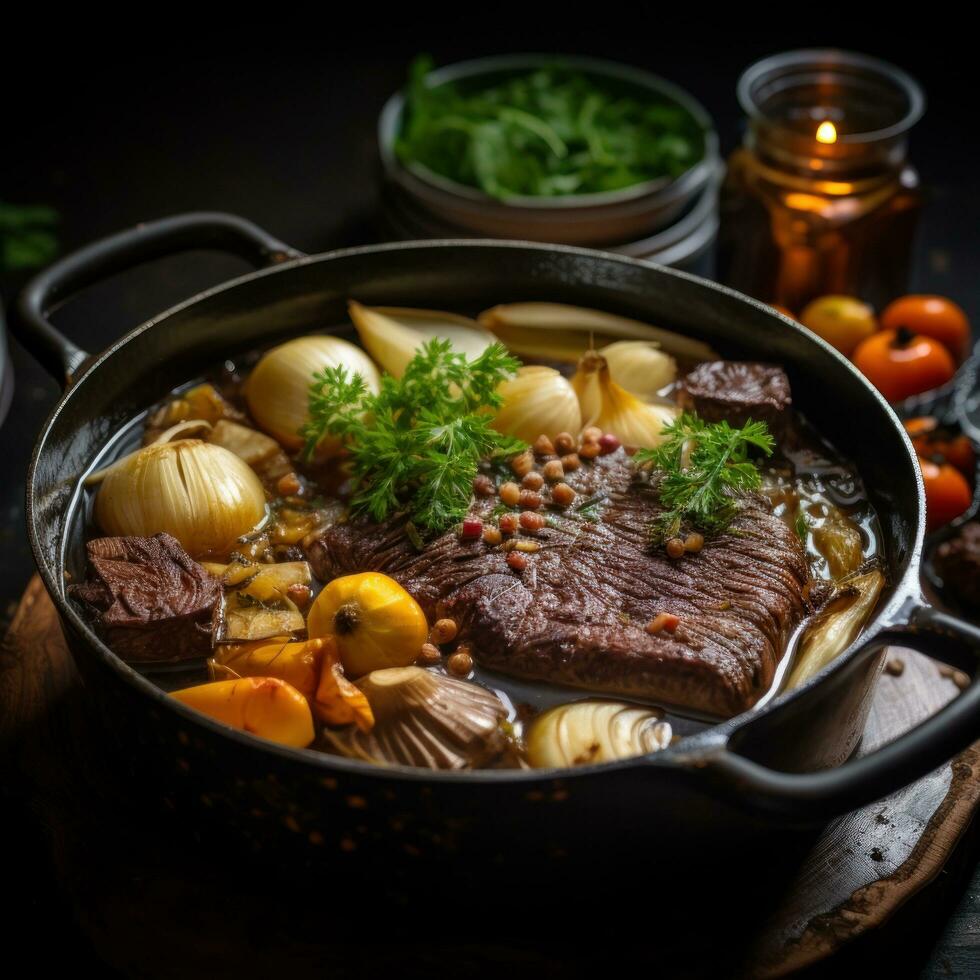 uma delicioso carne caldo com com osso carne bovina, carbonizado vegetais, alho, e especiarias foto