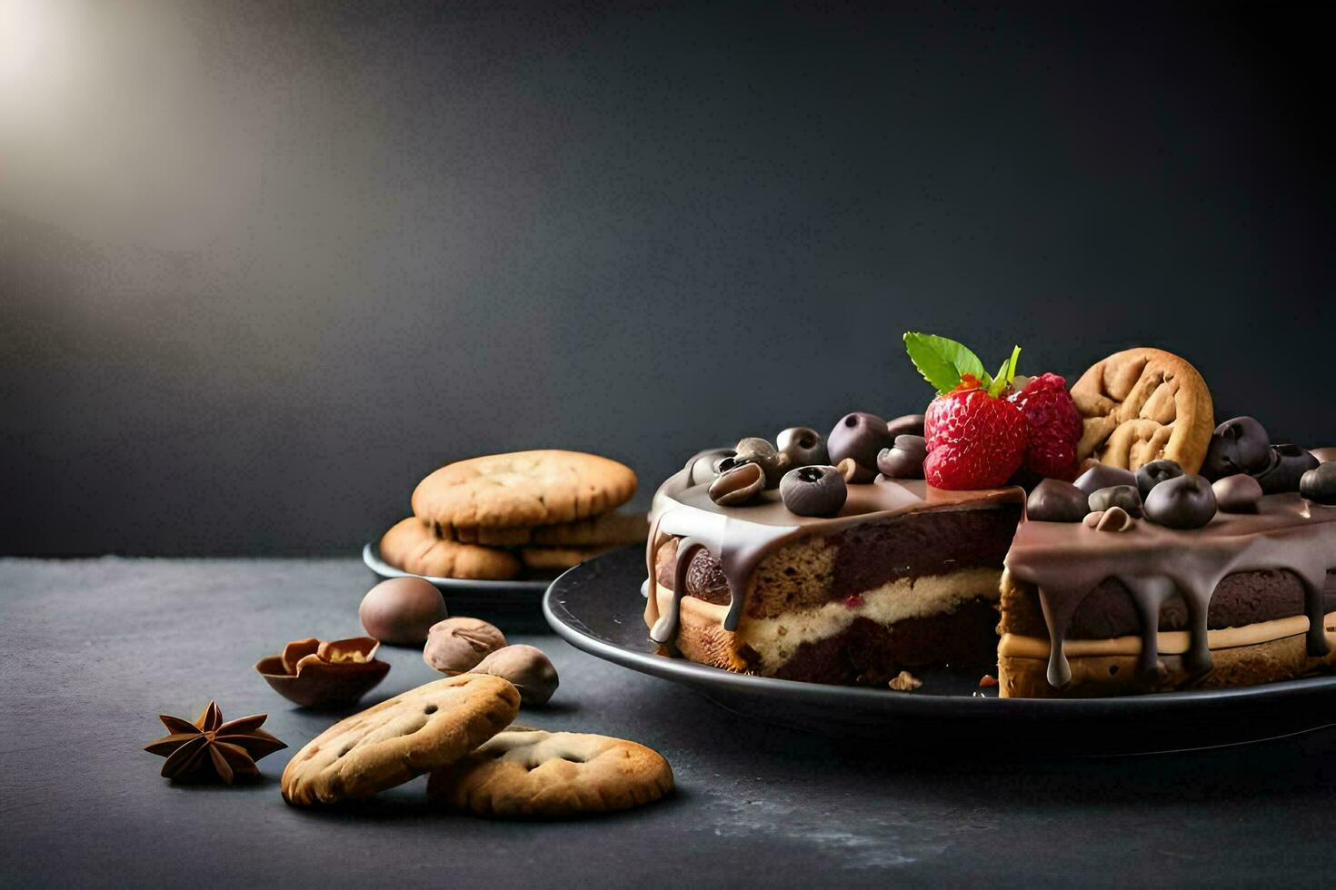 chocolate bolo com bagas e biscoitos em uma Sombrio fundo. gerado por IA foto