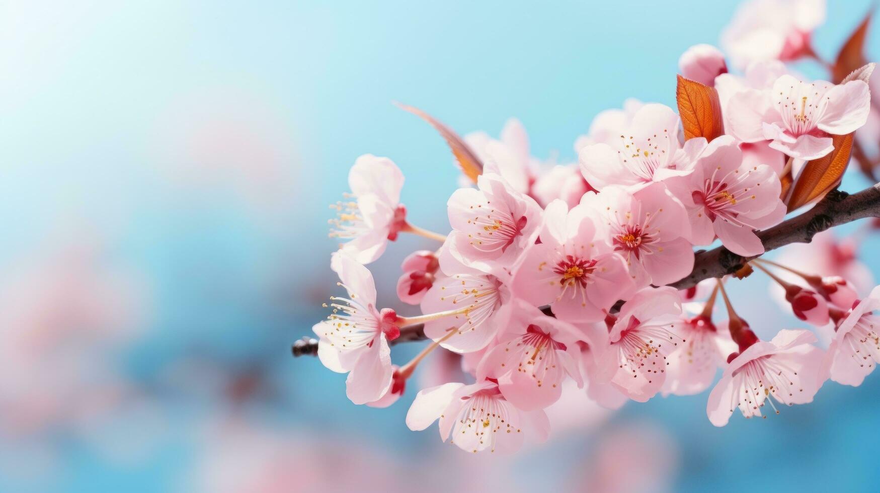 sakura flores em borrado céu fundo ampla copyspace foto
