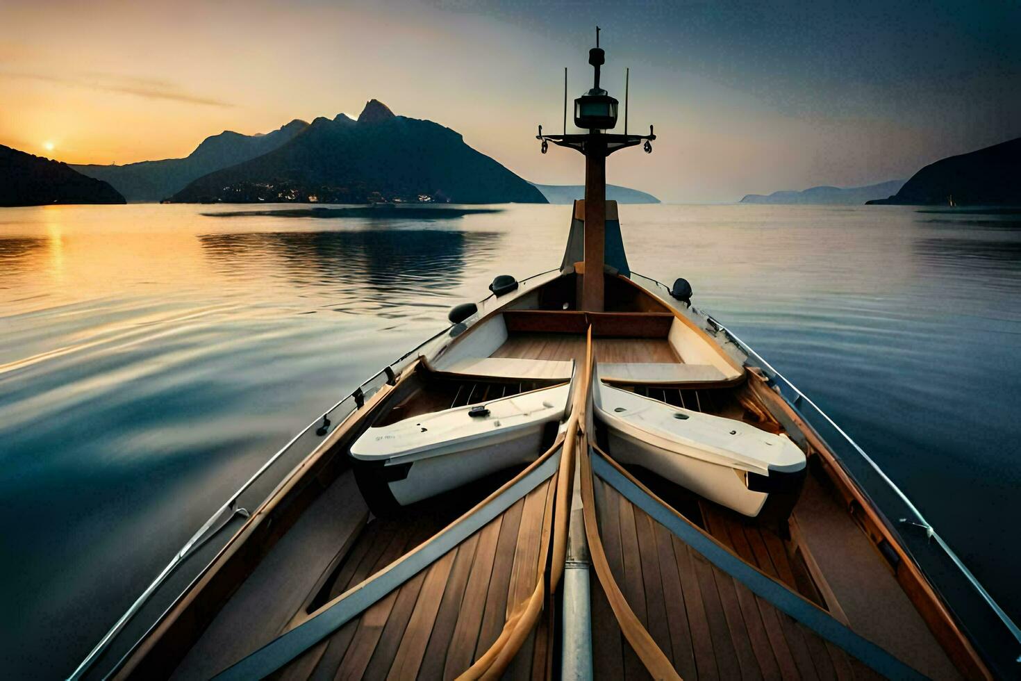 uma barco é ancorado às a costa do uma lago. gerado por IA foto