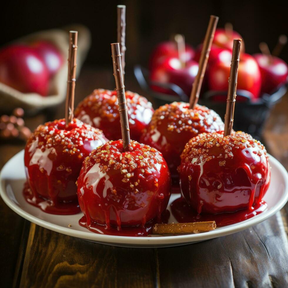 delicioso envidraçado vermelho caramelo doce maçãs em Gravetos foto