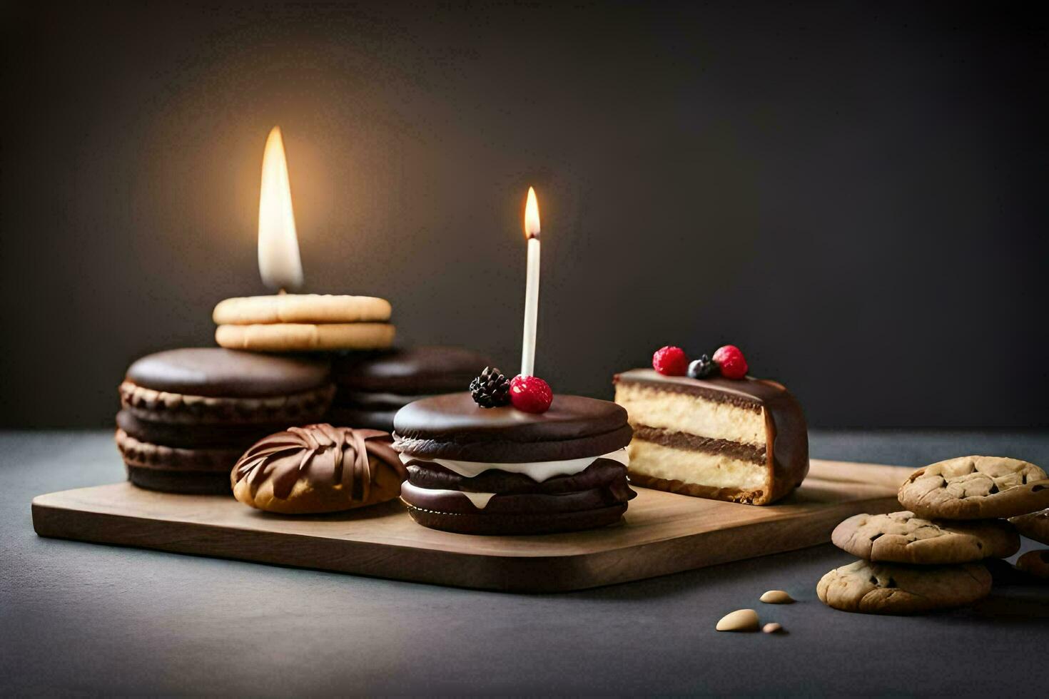 chocolate biscoitos e bolos com velas em uma de madeira bandeja. gerado por IA foto