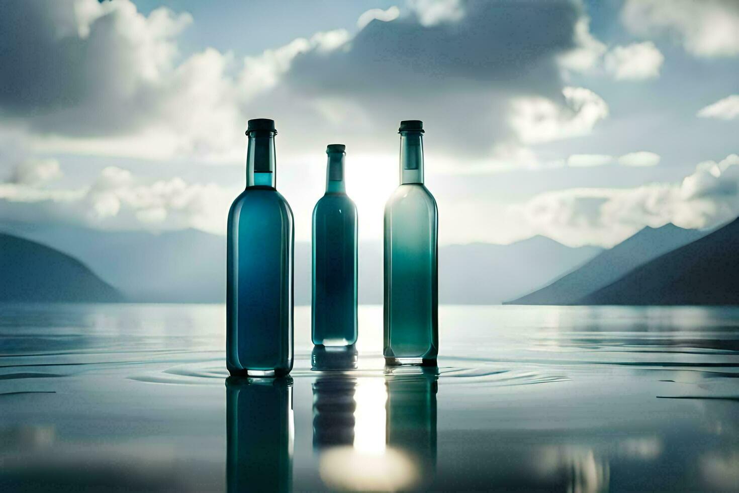 três garrafas do vinho estão sentado em a água. gerado por IA foto