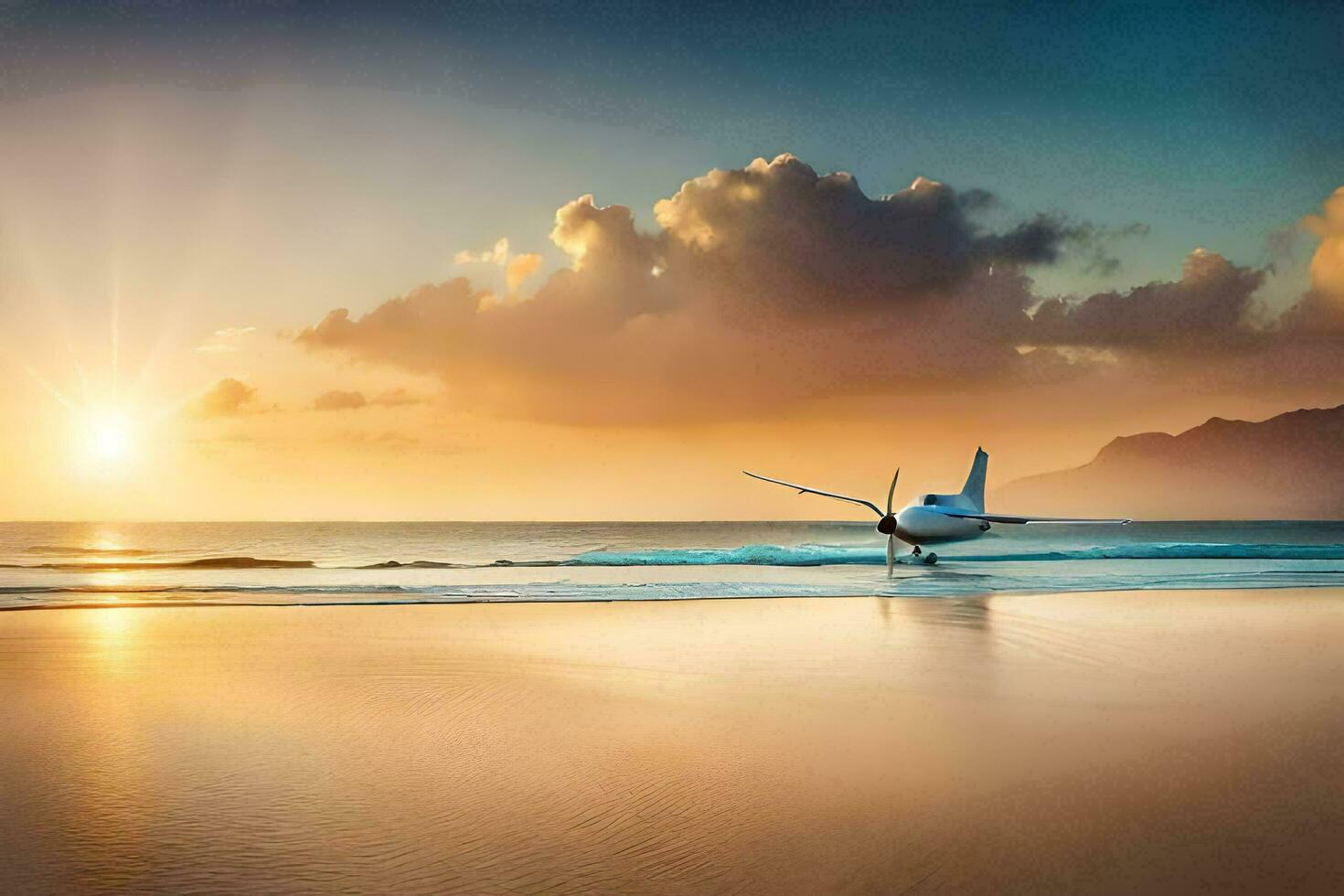 uma pequeno avião em a de praia às pôr do sol. gerado por IA foto