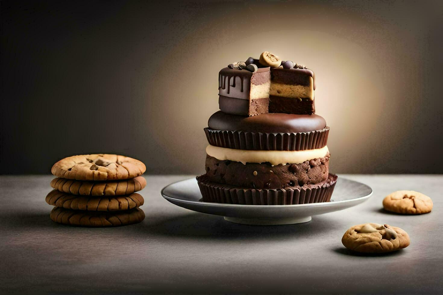 uma chocolate bolo com biscoitos em uma placa. gerado por IA foto