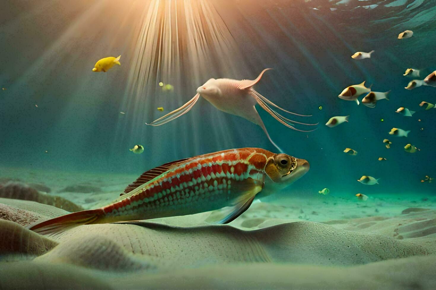 uma peixe e uma peixe estão natação dentro a oceano. gerado por IA foto