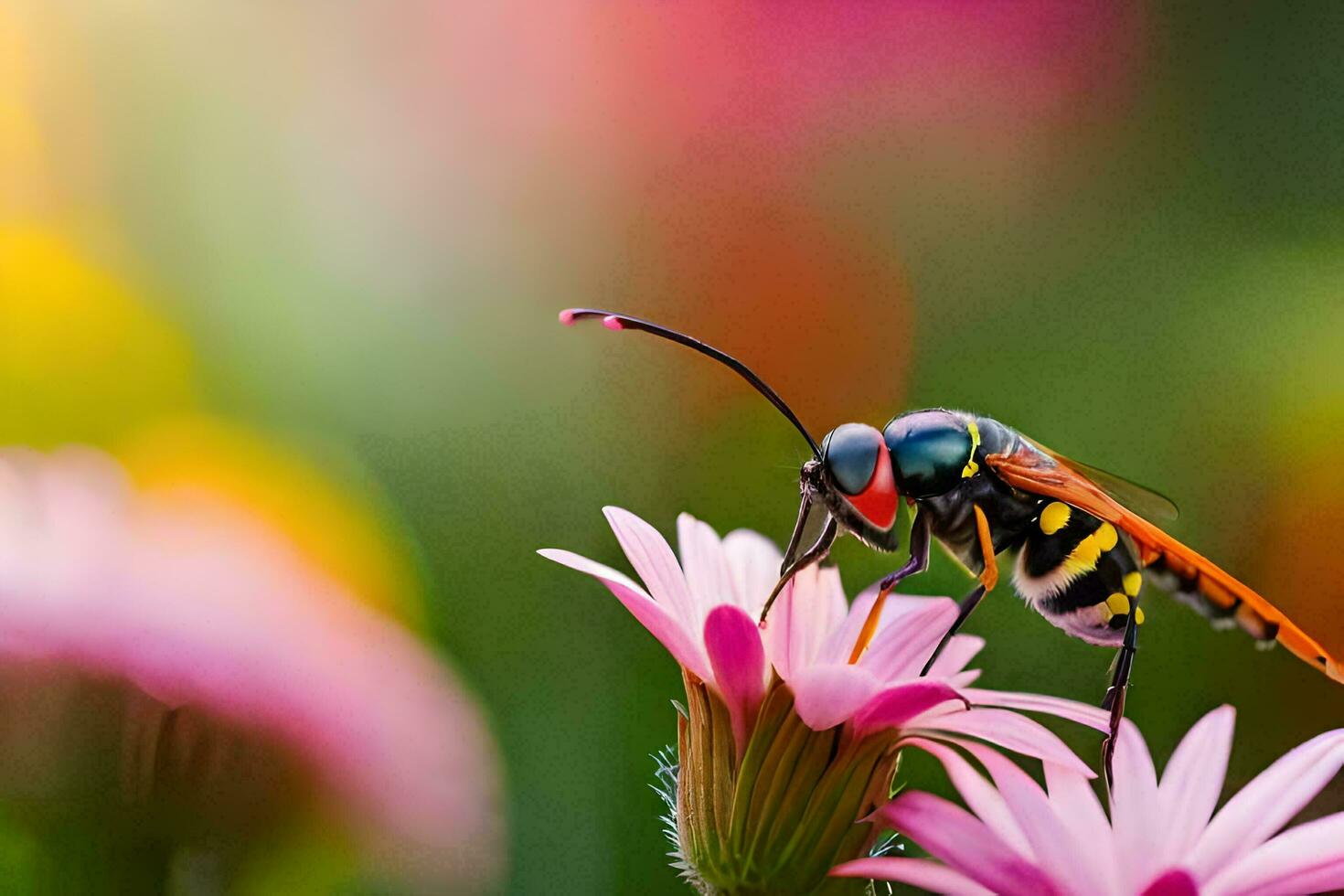 uma vespa é sentado em uma Rosa flor. gerado por IA foto