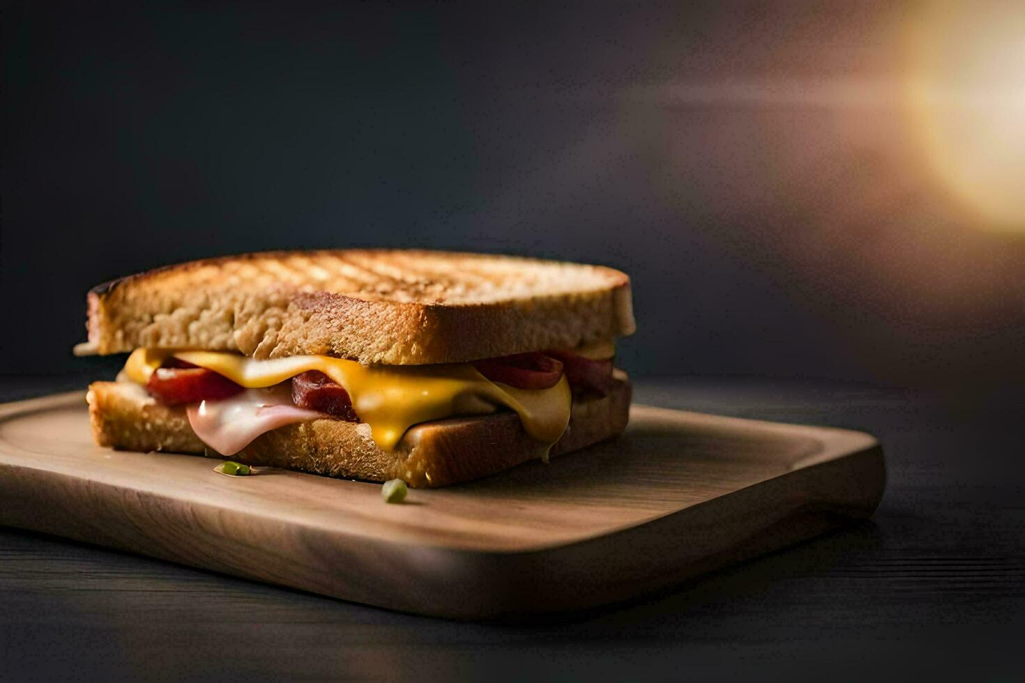 uma grelhado queijo sanduíche em uma de madeira corte borda. gerado por IA foto