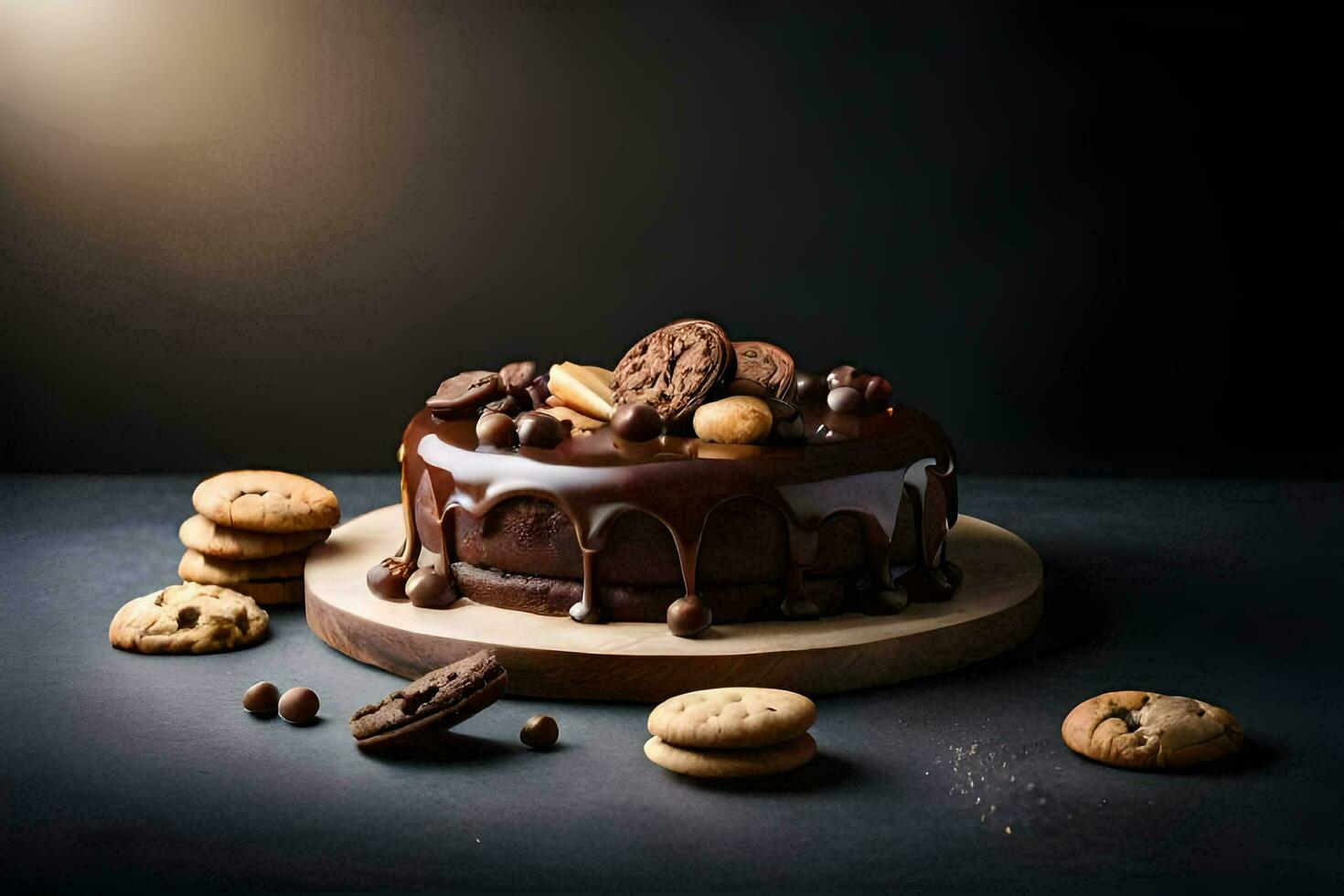 chocolate bolo com biscoitos e chocolate salgadinhos em uma Sombrio fundo. gerado por IA foto