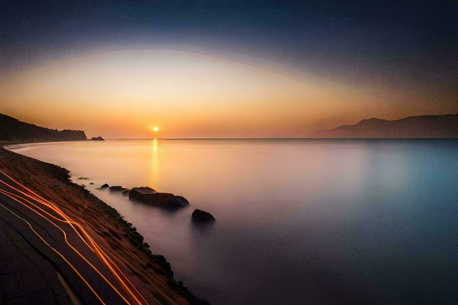 a Sol conjuntos sobre a oceano e pedras. gerado por IA foto