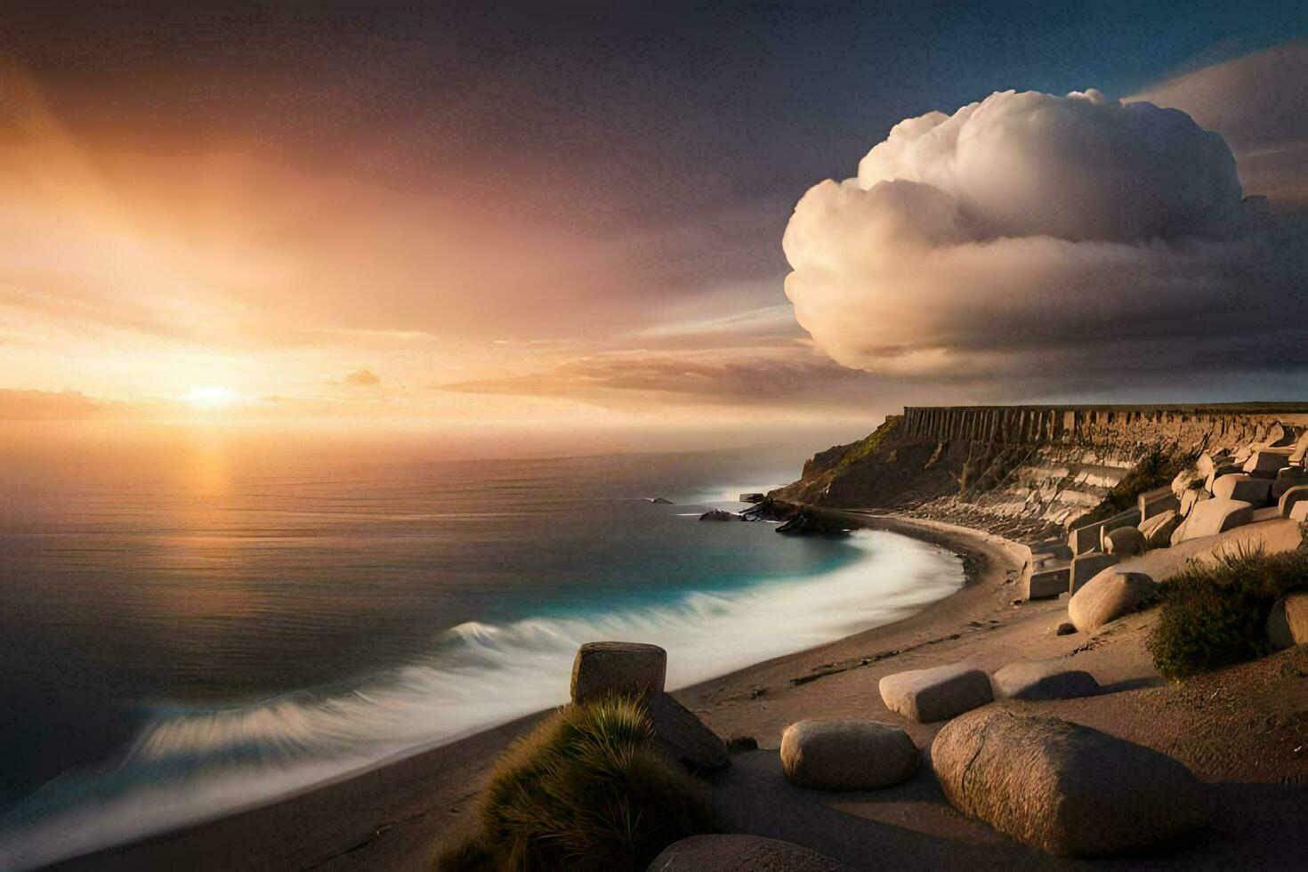 a Sol sobe sobre a oceano e a nuvens estão comovente sobre a pedras. gerado por IA foto