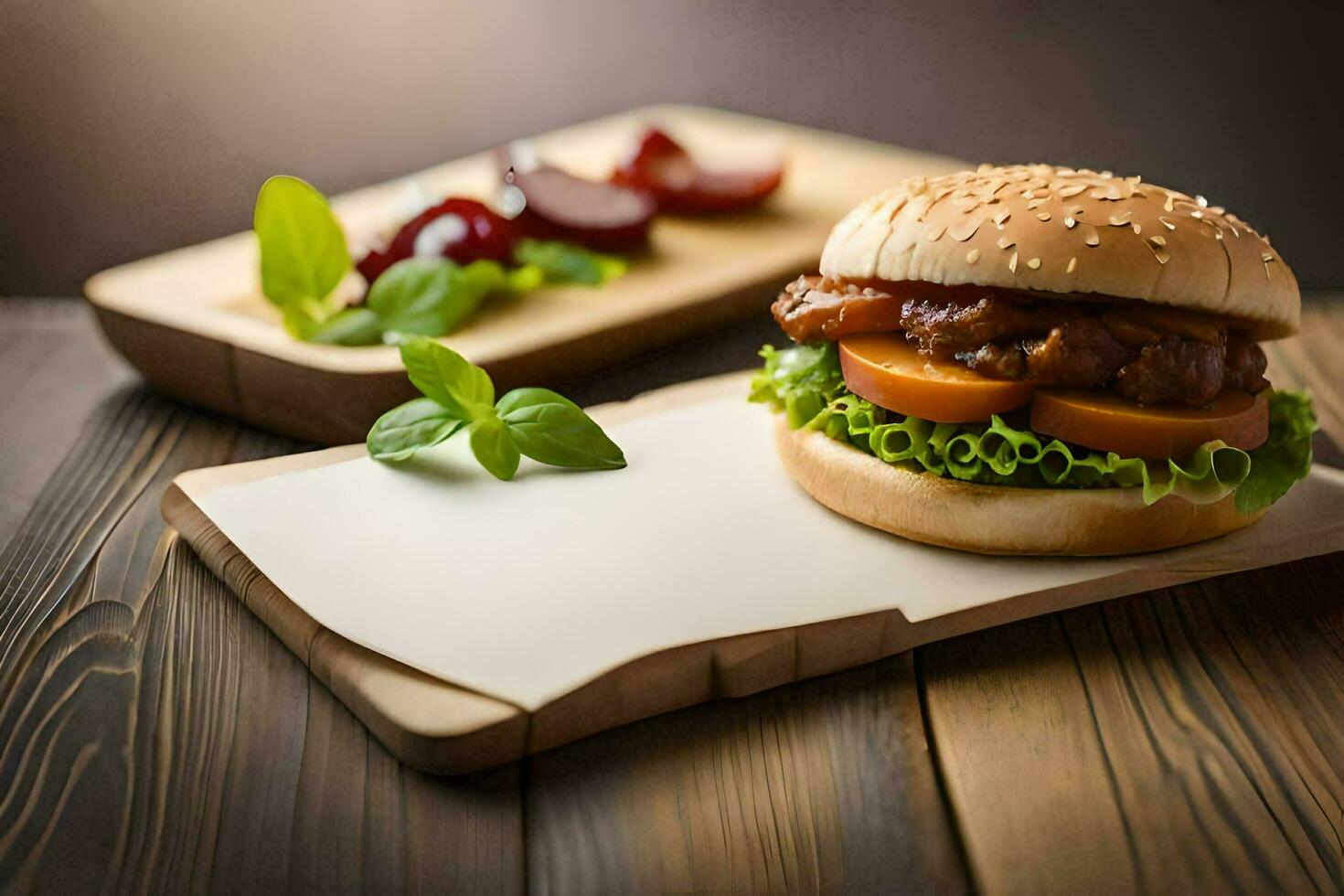 uma Hamburger e uma salada em uma de madeira corte borda. gerado por IA foto