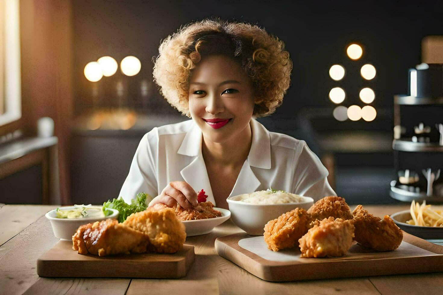 uma mulher é sentado às uma mesa com dois pratos do Comida. gerado por IA foto