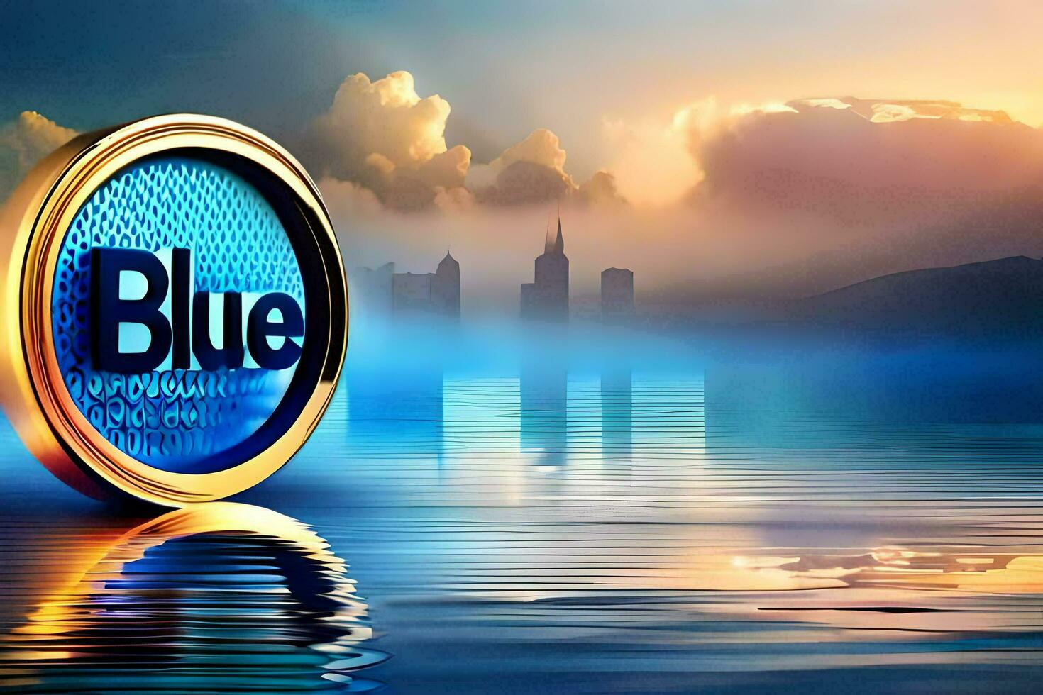 azul logotipo em uma azul fundo com uma cidade dentro a fundo. gerado por IA foto