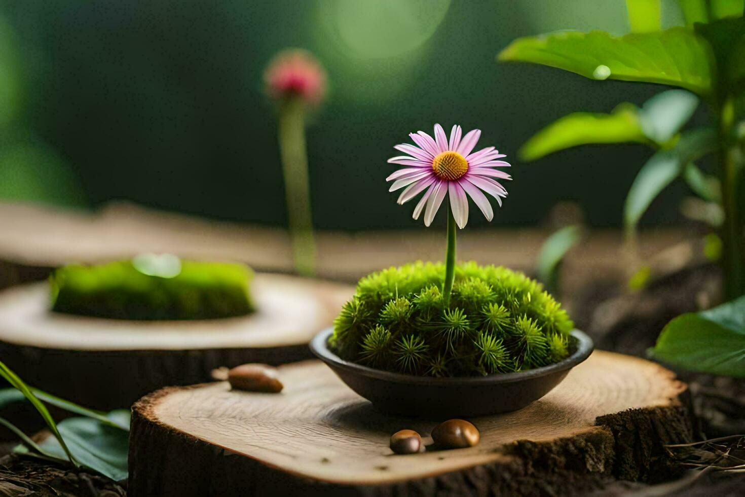 uma pequeno flor dentro uma pequeno Panela em uma de madeira toco. gerado por IA foto