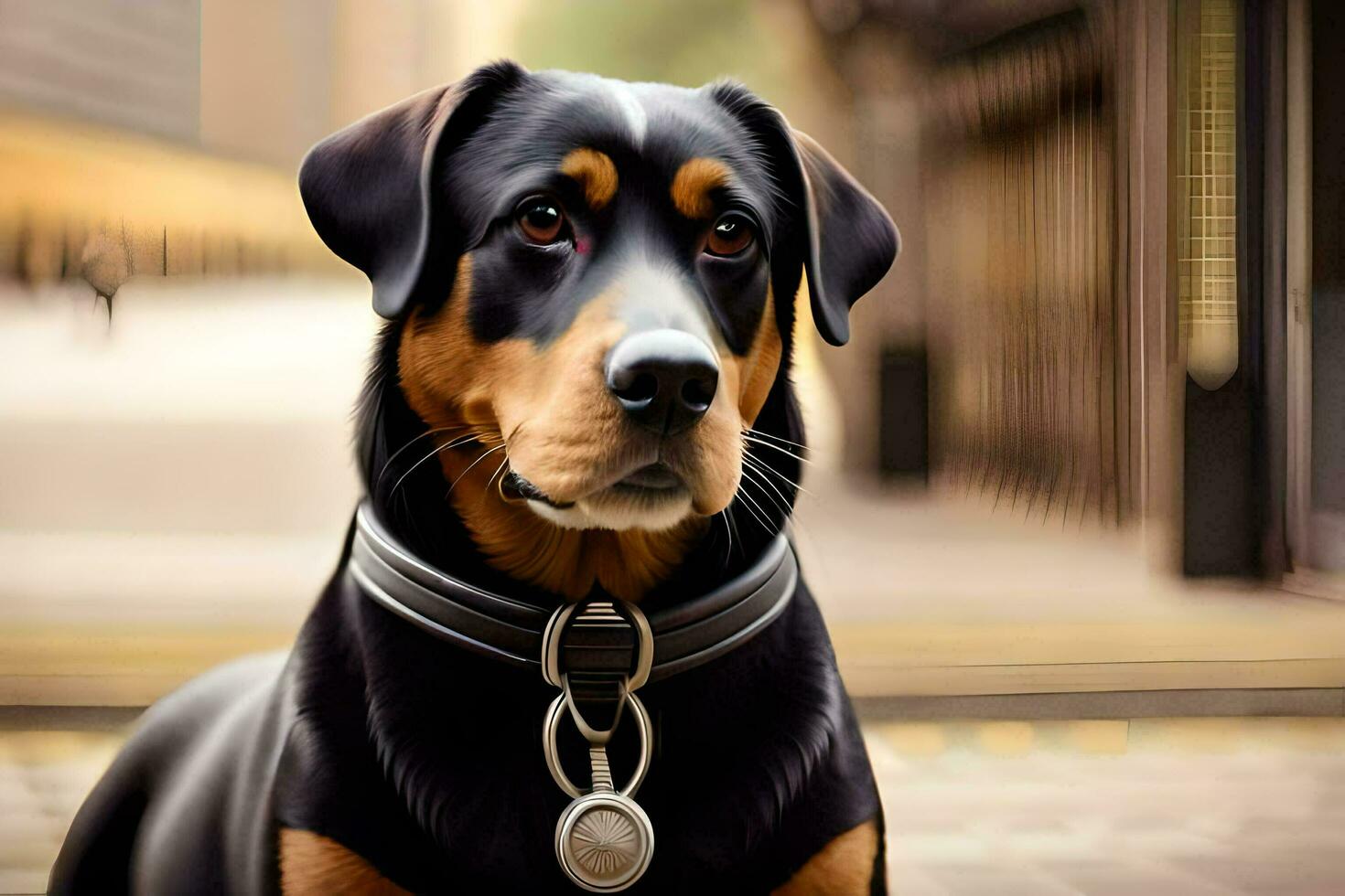 uma rotweiler cachorro é sentado em a chão. gerado por IA foto