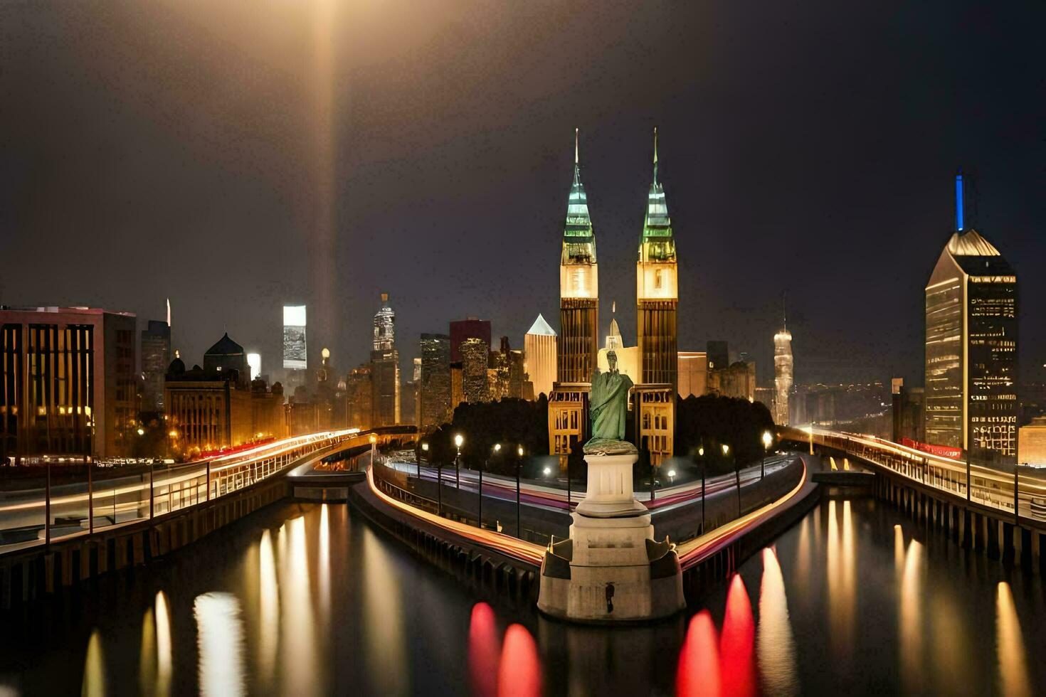 a estátua do liberdade é visto dentro a fundo do uma cidade às noite. gerado por IA foto